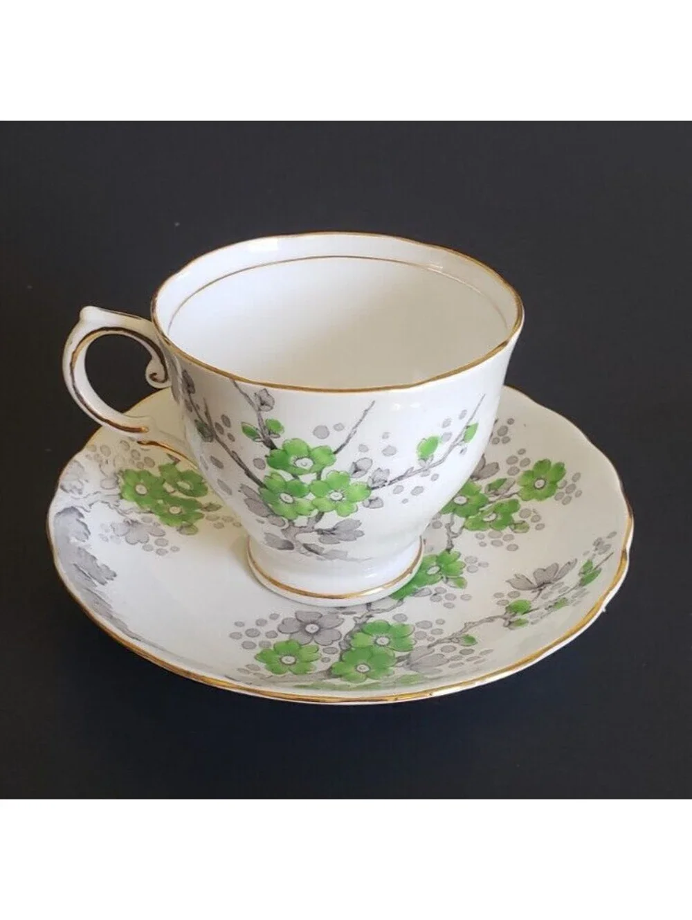 Vintage Tuscan Fine English Bone China Green Blossoms Gold Trim Tea Cup, Saucer